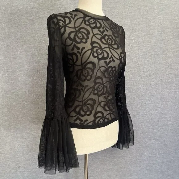 Haute Monde Whimsigoth Bell Sleeve Lace Top Size M Black Witchy Vamp Dark Fairy - Picture 3 of 10